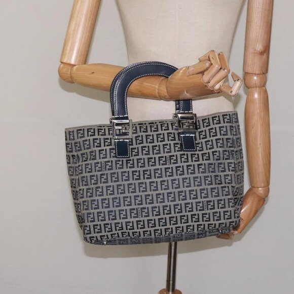FENDI Zucchino Canvas Hand Bag Navy Silver Auth - Picture 1 of 16